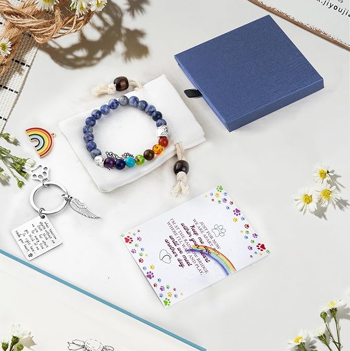 Pet Memorial Gifts, Pet Sympathy Gift, Rainbow Bridge Bracelet for Beloved Dog Cat,8MM Mixed Color Bead 7 Chakra Pet Memorial Bracelet for Women Men Who Loss of Pets, Pet Sympathy Gift