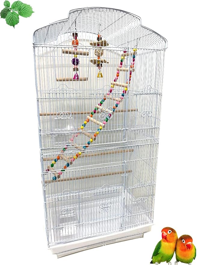 Large 35-Inch Portable Flight Bird Travel Cage for Canary Parakeet Cockatiel Lovebird Finch Bird Cage - 18" Length x 14" Depth x 35" Height (White with Toy)