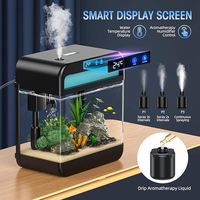 Fish Tank 2.2 Gallon,Small Fish Tanks Kits,Aquarium Fish Tank Starter Kit with 3-in-1 Silent Pump and 7 Color Led Light,with Temperature Display,for Fish,Shrimp,Betta(Black-2.2 Gallon)