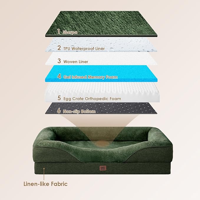 EHEYCIGA Orthopedic XXL Dog Bed for Large Sized Dog, 52x41x8 Inch Extra Large Memory Foam Dog Couch Bed with Sides, Waterproof Liner & Washable Removable Cover, Bolster Pet Sofa, Dark Green