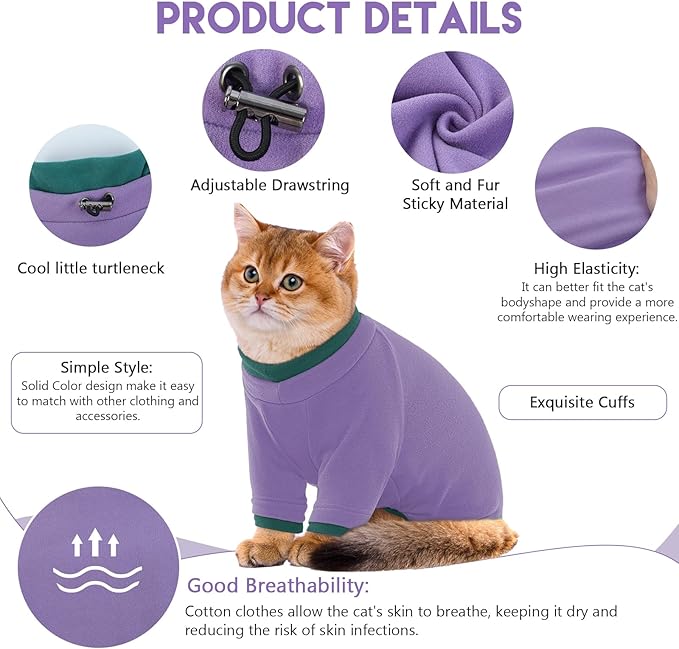 Sticky Cat Clothes Stretchy, Sphynx Hairless Sweater & Pajamas for Cats only, Soft Cat Onesie for Cats After Surgery Female Male & Hair Loss Prevention, Purple M