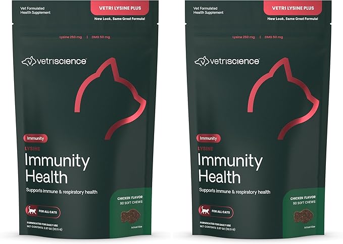 VetriScience Lysine Immunity Health Chews, 250 mg Lysine Plus Immune Supplement for Cats and Kittens with Allergies, Sneezing, Runny Nose and Watery Eyes, Chicken,90 Count (Pack of 2)