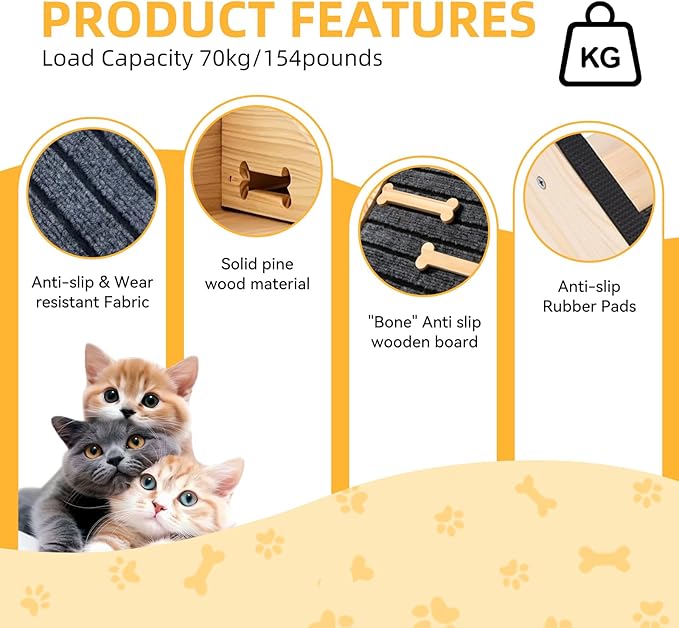 2-Pack Wooden Dog Ramp for Stairs - Natural Pine Wood Pet Step Ramp with Anti-Slip Bone Strips & Felt Padding, Stair Wedge for Small Medium Dogs, Indoor Home Safety Access for Injured Dogs