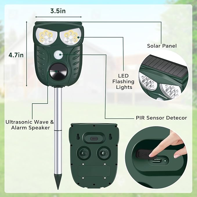 Solar Ultrasonic Animal Repellent Outdoor, Cat Squirrel Raccoon Dog Deer Repellent Device with Motion Detection, IP66 Waterproof Mouse Skunk Rodent Deterrent