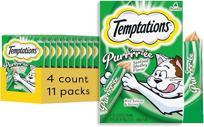 Temptations Creamy Puree Squeezable Lickable Cat Treats, Wet Cat Treats with Salmon and Shrimp, 0.42 oz. Tubes, 4 Count, Pack of 11 (44 Total)