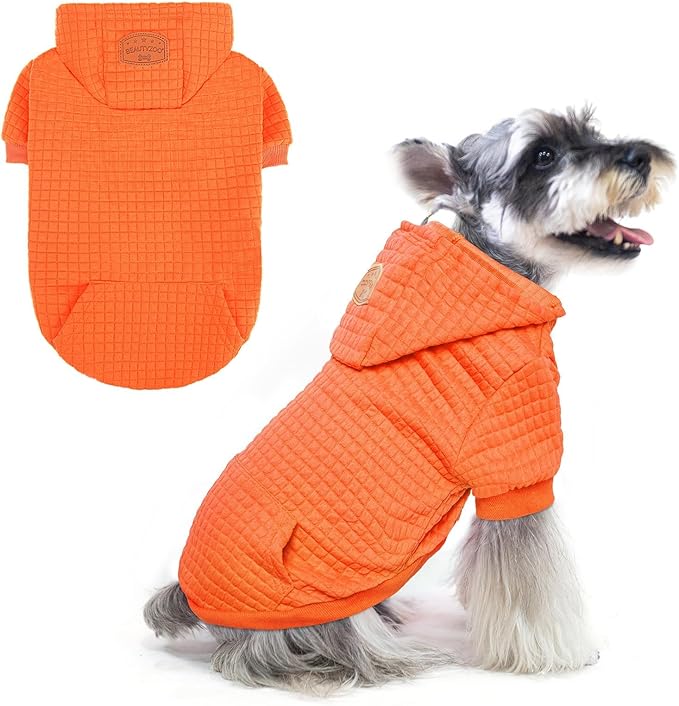 BEAUTYZOO Small Dog Hoodie Sweater with Pockets, Dog Clothes for Small Medium Dogs Boy Girl, Waffle-Like Laminated Cotton Pet Coats with Hat and Leash Hole, Orange SM