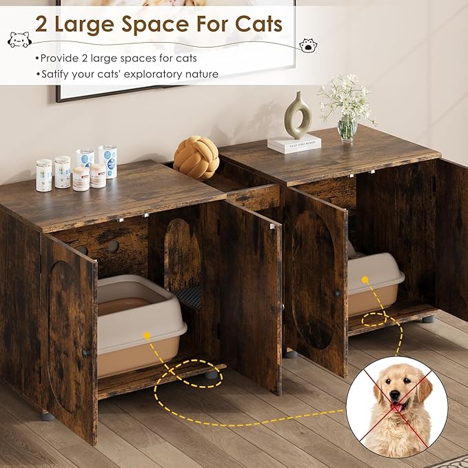 GarveeHome Large Cat Litter Box Enclosure Furniture, 55.1" Double Litter Cabinet for Two Cats with Hidden Design, Rattan Door Cat Box House with Storage, Brown