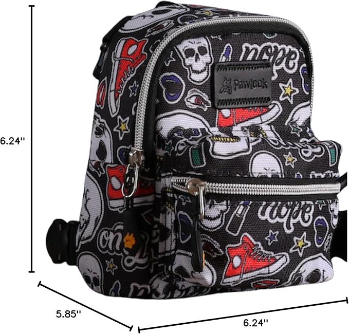 Pawlook Dog Backpack Harness – Street Smart | Waterproof, Adjustable, Breathable – Leash Attachment D-Rings, Poop Bag Pocket – Small & Medium Dogs – 8 Styles Skull Small