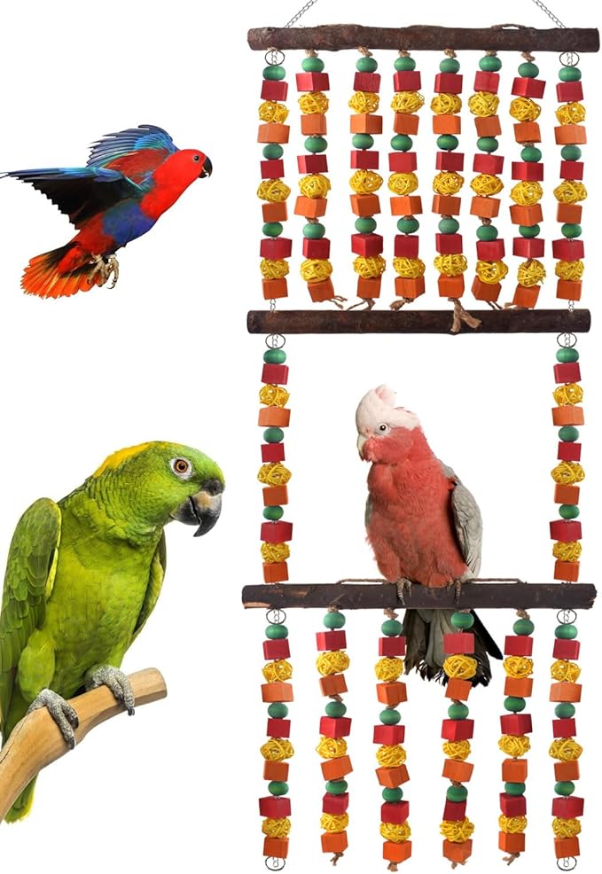 43" Extra Large Bird Parrot Toys, Multicolored Wooden Blocks Chewing Toy with Rattan Balls and Perches for Eclectus, African Greys, Cokatoos, Amazon Parrots