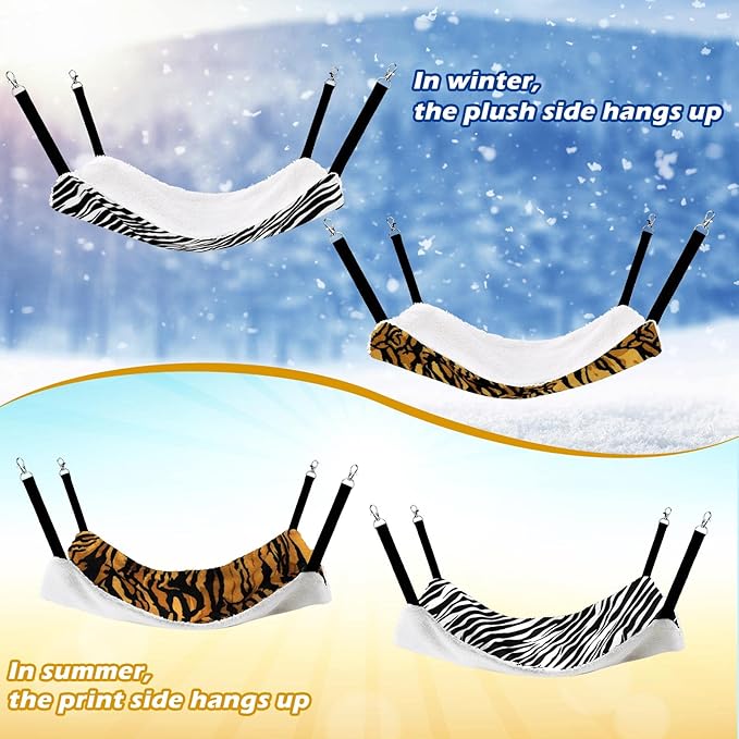 Jetec 2 Pack Cat Hammock for Cage, Catio Accessories Reversible Soft Cats Bed with Adjustable Straps and Hooks Double-Sided Linen and Fleece Hanging Hammock for Cats, Kitten(Zebra, Tiger Stripes,M)