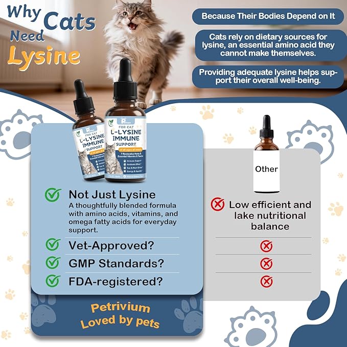 L-Lysine Supplement for Cats - Vitamins & Taurine for Immune Support & Allergy Relief - Lysine for Respiratory, Sneezing, Runny Nose, Eye Function - Natural Cat Antibiotic Drops - 60ML Slamon Flavor