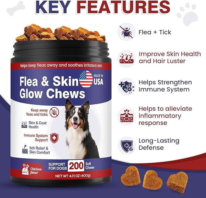 Flea and Tick Prevention for Dogs Chewable Omega Skin and Coat Chews for Dogs Natural Pet Oral Flea Chewables Increase Hair Shine Nutritional Supplements 200 Soft All Breeds Ages Chicken Flavor