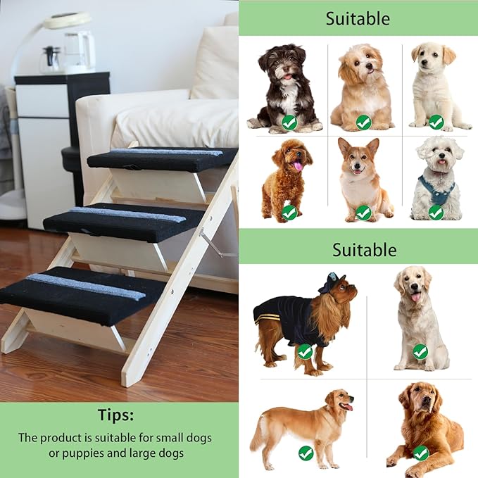 2-in-1 Indoor Pet Ramp, Wooden Folding 3-Tier Pet Stairs with Non-Slip Carpeted Steps, Ramp Perfect for Bed and Couch