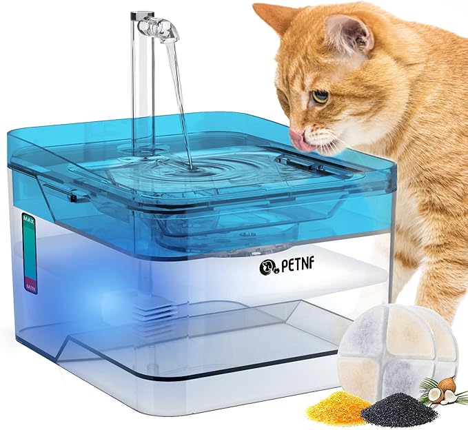 PETNF Blue Pet Water Fountain, 101oz/3L Automatic Cat and Dog Water Dispenser with LED Light, Ultra Quiet Pump, 3 Flow Settings & 2 Filters