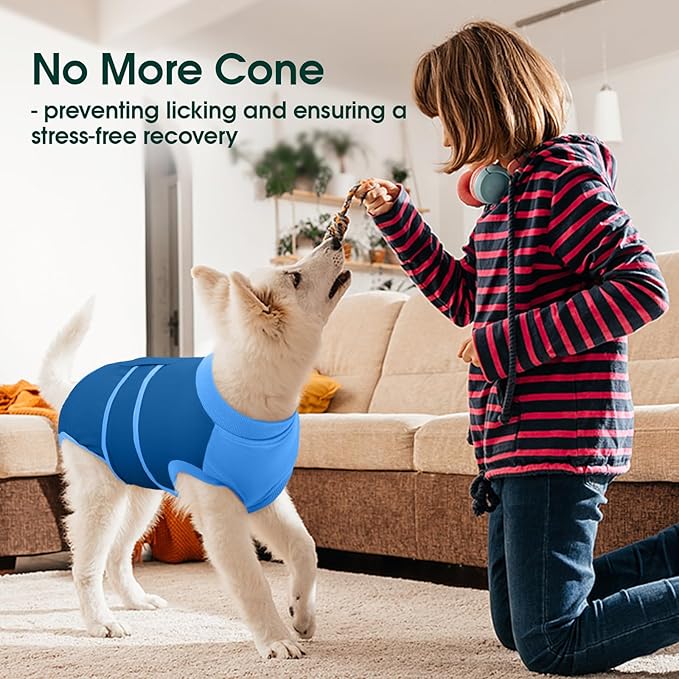 Kuoser Dog Recovery Suit, Female/Male Post-Surgery Anti-Licking Pet Surgical Suit, Blue, Medium, Cotton and Spandex Blend, All Breed Sizes, Adult, All Seasons