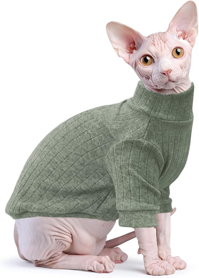 Idepet Sphynx Hairless Cats Sweater Shirt Kitten Soft Puppy Clothes Pullover Cute Cat Pajamas Jumpsuit Cotton Apparel Pet Winter Turtleneck for Cats and Teacup Chihuahua Small Dogs(Green,M)