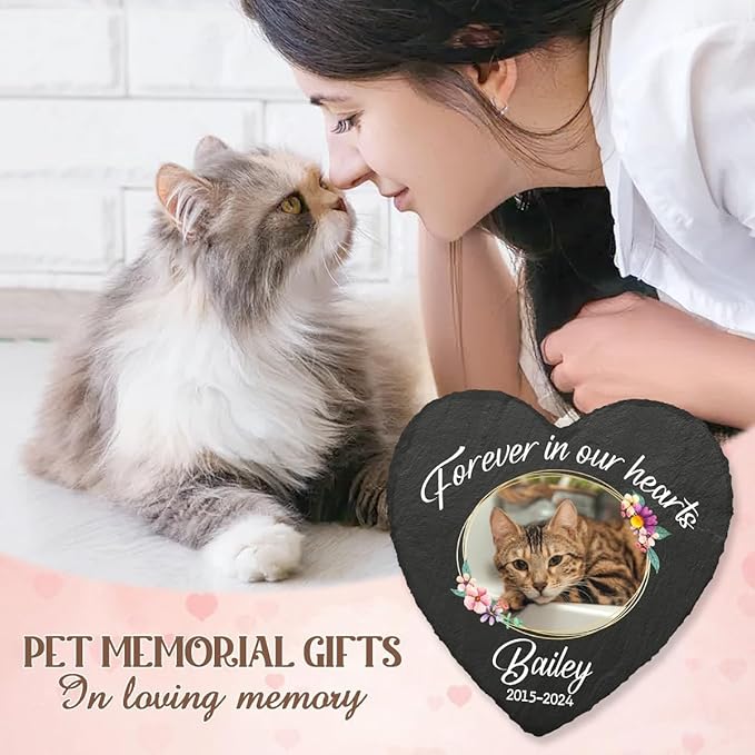 DOPTIKA Forever in Our Hearts, Cat Memorial Gifts for Loss of Cat, Personalized Cat Memorial Stones with Photo, Pet Memorial Stone for Cats, Pet Sympathy Gift, Bereavement Gifts for Loss of Pet