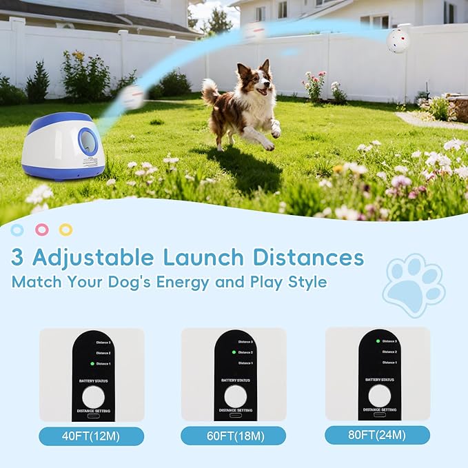 FAHKNS Automatic Dog Ball Launcher,Dog Ball Thrower Machine with 40-80Ft 3 Launching Distance,Interactive Toys for Medium/Large Dogs, Indoor & Outdoor with 8 Balls (2.5"),Remote Control Thrower -Blue