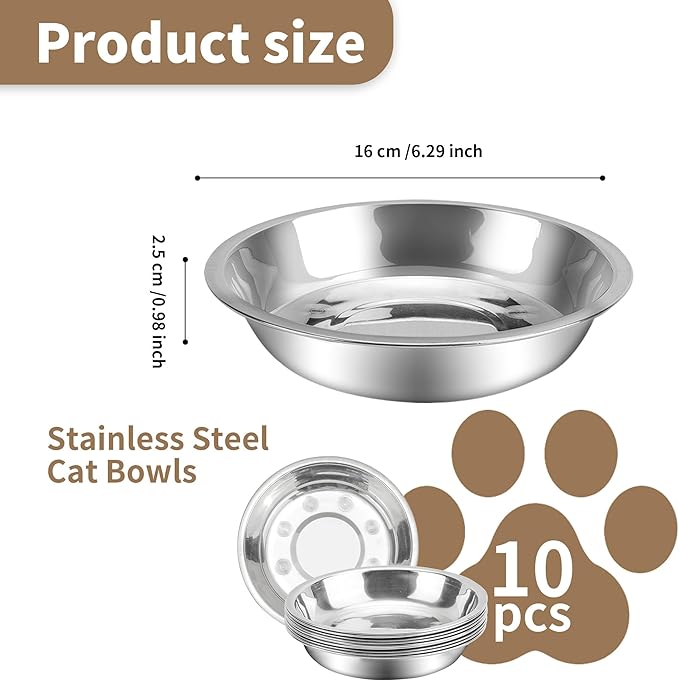 HUOIQUE 10 Pcs 6.2 Inches Stainless Steel Cat Bowls, Whisker Friendly Metal Shallow Cat Dishes for Food and Water