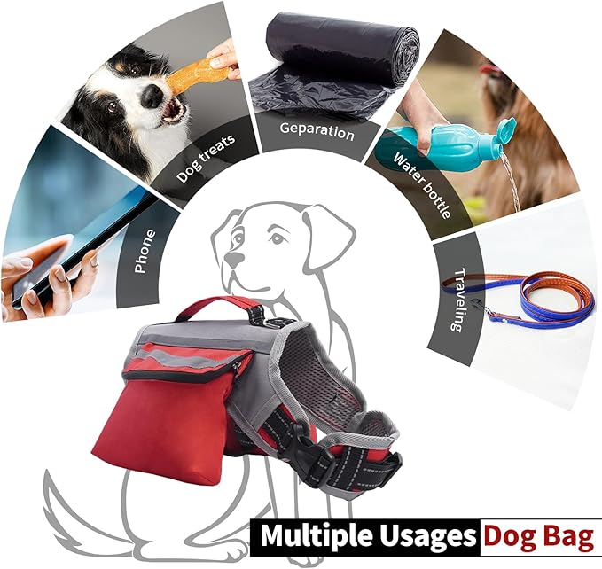 DENTRUN Dog Hiking Backpack, Hound Dog Saddlebag Backpack, Nylon Dog Harness Vest with Side Pockets Hiking Pack, Dog Backpack Hiking Walking Training Running for Medium & Large Dogs