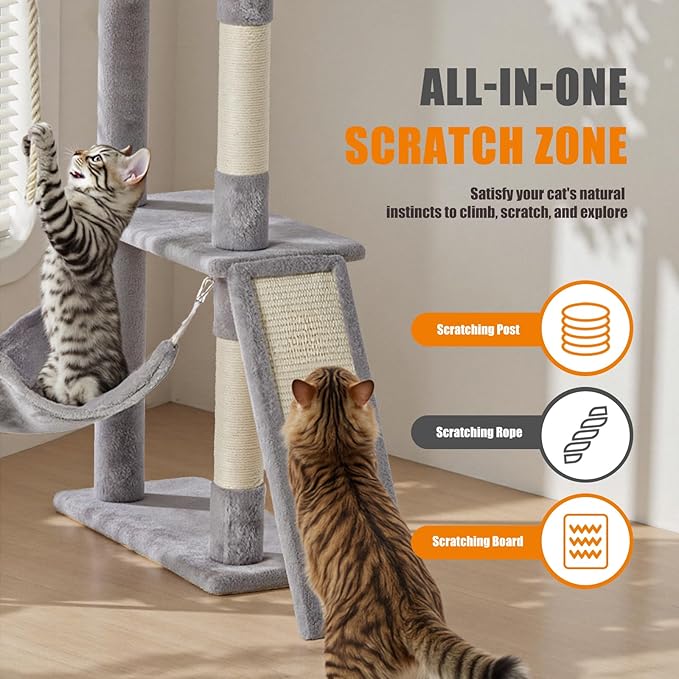 Sweetcrispy 63 inch Cat Tree Tower, Large Multi Level Cat Climbing Tower with Condo, Natural Sisal Scratching Posts, Extended Platform, Hammock, Pet House for Indoor Cats and Kittens Play, Grey