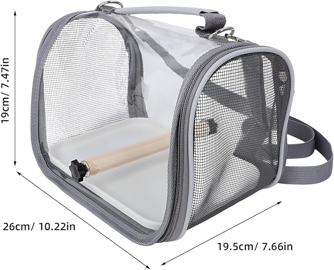 Portable Bird Travel Cage Carrier with Standing Perch, Lightweight Small Parrot and Lizard Pet Carrier Bag for Outdoor Trips, Handheld Grey Travel Cage for Budgie and Conure