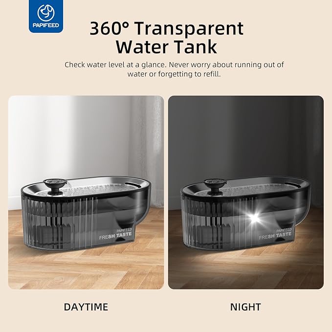 Cat Water Fountain Stainless Steel with a Silicone Mat, 84oz/2.5L Automatic Cat Water Fountain with Water Level Window and LED Light, Quiet Low Power Cat Water Bowl & Cat Water Dispenser(Black)