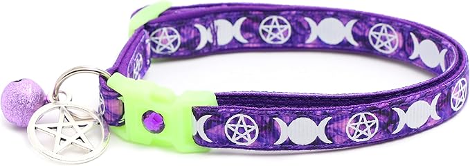 Wicca Cat Collar with Occult Charm & Bell | Witch’s Familiar Cat Collar | Witch Kitten Collar Charms | Glow in The Dark | Safety Breakaway Collar (Large(10lbs & Up), Amethyst)