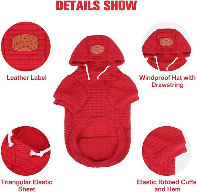 BEAUTYZOO Dog Hoodie with Leash Hole and Pocket,Dog Sweaters for Small Medium Large Dogs Boys Girls,Waffle-Like Laminated Cotton Warm Outfits for French Bulldogs, Pitbull, Winter Puppy Clothes Jacket