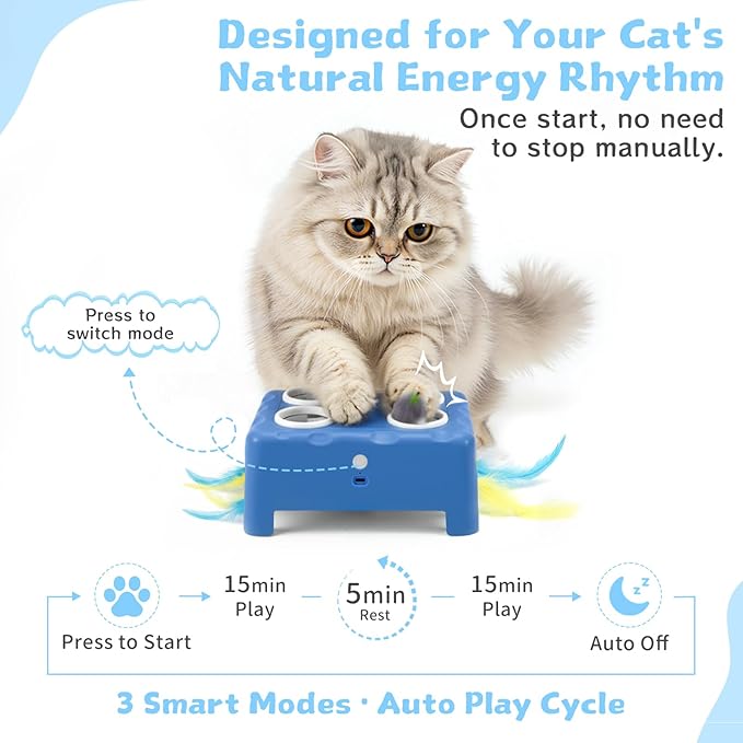 Interactive Cat Toy for Indoor Cats, 3 Modes Feathers Toy, Rechargeable 4 Holes Mole Cat Toys, Cheese Box for Kitten, 6 Accessories (Blue)