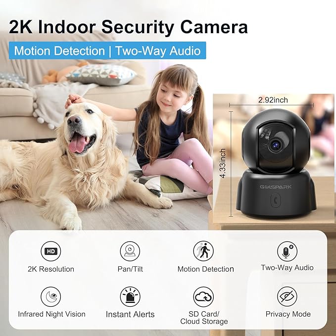 GOLSPARK 2K Indoor Security Camera for Baby Monitor, 2.4GHz WiFi 360 Pet Camera with Night Vision Motion Tracking Detection Two-Way Audio Sleep Mode SD Card Cloud Storage, Black