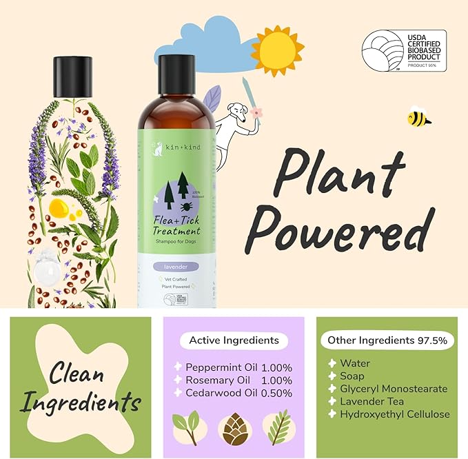 kin+kind Dog Shampoo Flea and Tick Vet Formulated - Natural Flea and Tick Prevention for Dogs - Plant Powered Shampoo w/Coconut & Olive Oil - Dog Supplies - Lavender Scent - Made in USA 12 fl oz