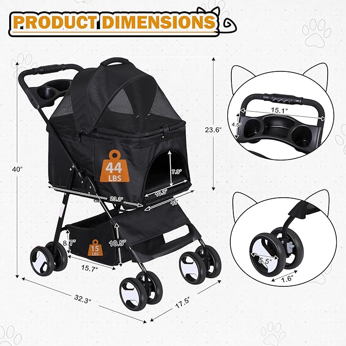 Pet Stroller 4 Wheels Dog Cat Stroller for Small Medium Dog Cats Carrier Jogger Travel Foldable Puppy with Detachable Carrier