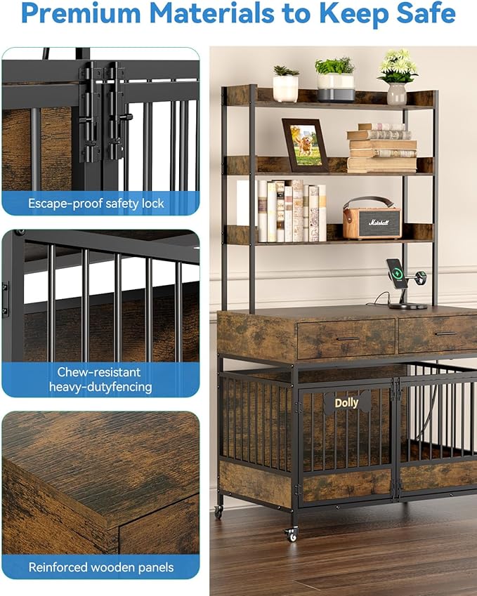 Petrova 39" Dog Crate Furniture for 1 Dogs, Heavy Duty Indoor Dog Kennel for Small/Medium Dogs, Wooden Dog Cage with 2 Storage Drawers, Charging Station, LED Light, Lockable Wheels, Brown