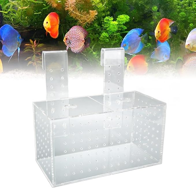 Aquarium Fish Breeding Box | Transparent Acrylic Hatchery with Adjustable Hooks | Isolation Tank for Guppies/Fry/Betta Fish | 360° Water Flow Holes (20 * 10 * 11CM)