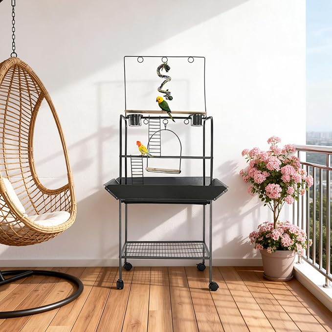 Small Parrot Playstand with Wheels, 62 Inch Bird Playstand, Bird Stand Activity Play Center with Perches and Ladders, Indoor Outdoor Playground for Birds with Swing Black Hammertone Finish