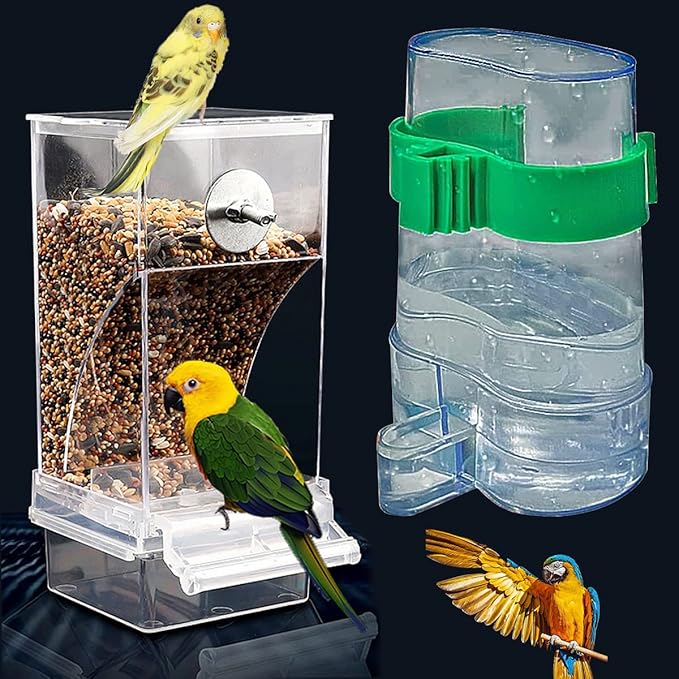 Kenond No Mess Bird Feeder Water Dispenser Set, Automatic Parrot Cage Accessories, Acrylic Parakeet Seed Food Drinker for Cockatiel, Squirrel, Finch, Lovebirds, Budgies, Canary