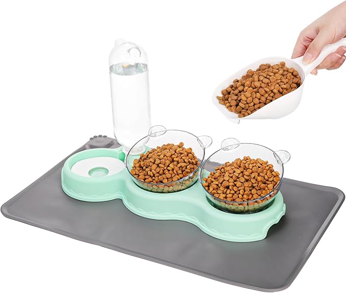 Triple Cats Bowls, Cat Food Water Bowl with Mat and Scoop, 15° Tilted Raised Cat Bowl Dishes with Automatic Water Bottle, Pet Feeding Bowls for Cats, Small Dogs, Wet, Dry Food