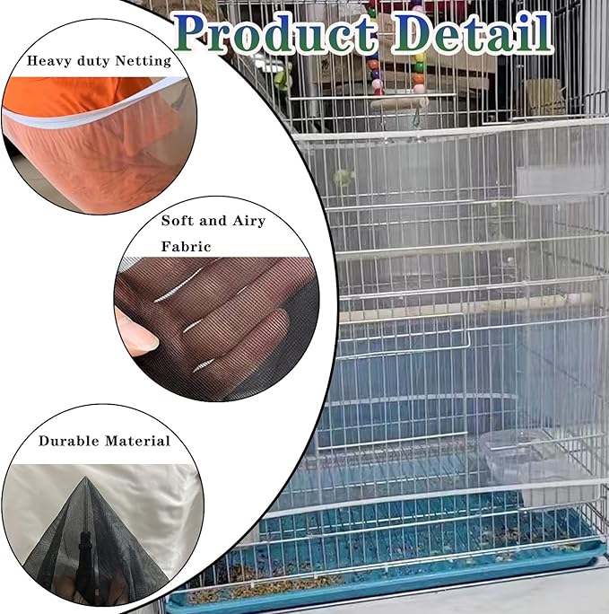 Bird Cage Seed Catcher, Large Bird Cage Skirt Guard, Adjustable Soft Nylon Mesh Bird Cage Netting for Round Square Bird Cages Circumference 60-86Inch