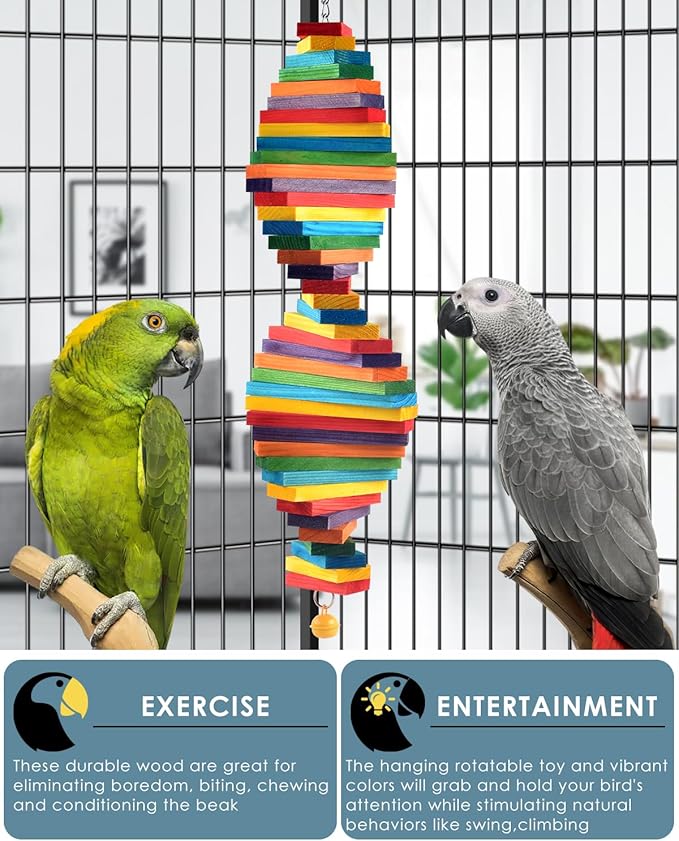 Bissap Bird Chew Toys, Multicolored Bagel Cascade Bird Parrot Chewing Sticks Biting Wooden Blocks Toy for Medium Amazon Cockatiels Cockatoos Macaws and Similar Sized Pet Birds