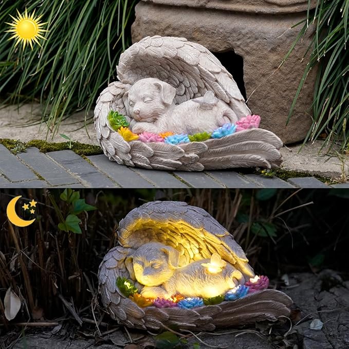 Dog Memorial Stone,Dog Memorial Pet Memorial Stone with Solar Angel Statue - Ideal for Garden or Tombstone Commemoration