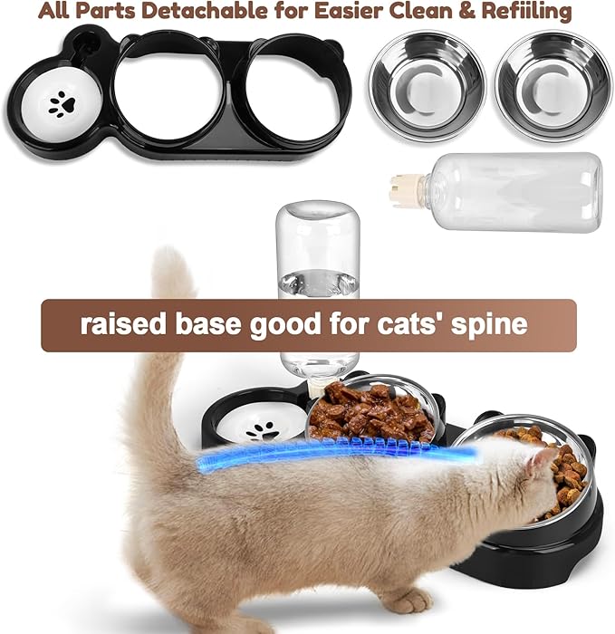 Cat Food and Water Bowl Set, Stainless Steel Raised Cat Bowls with Automatic Water Bottle & Waterproof Mat for Cats/Puppies, 3 in 1 Pet Feeding Station for Wet/Dry Food, Black