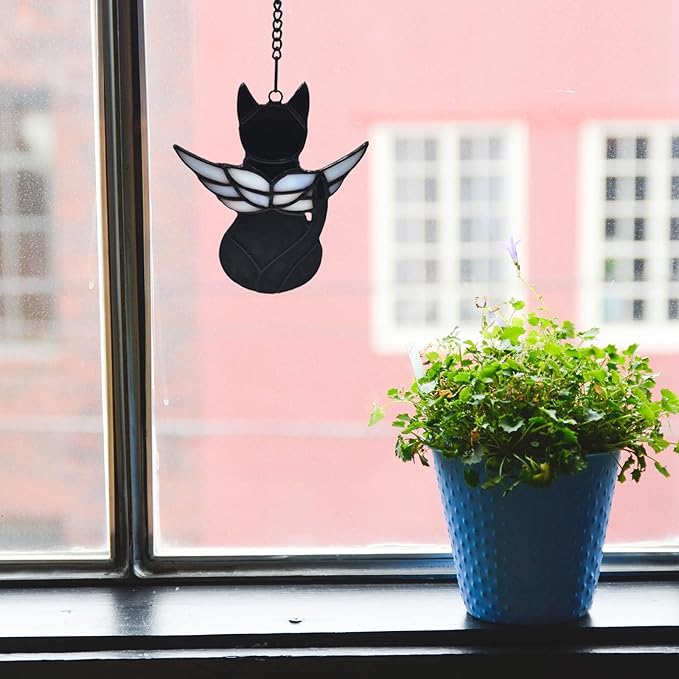 Handcrafted Stained Glass Black Angel Cat Suncatcher - Pet Memorial Gift with Colorful Wings, Cat Lovers Sympathy Gift, Home Window Decor