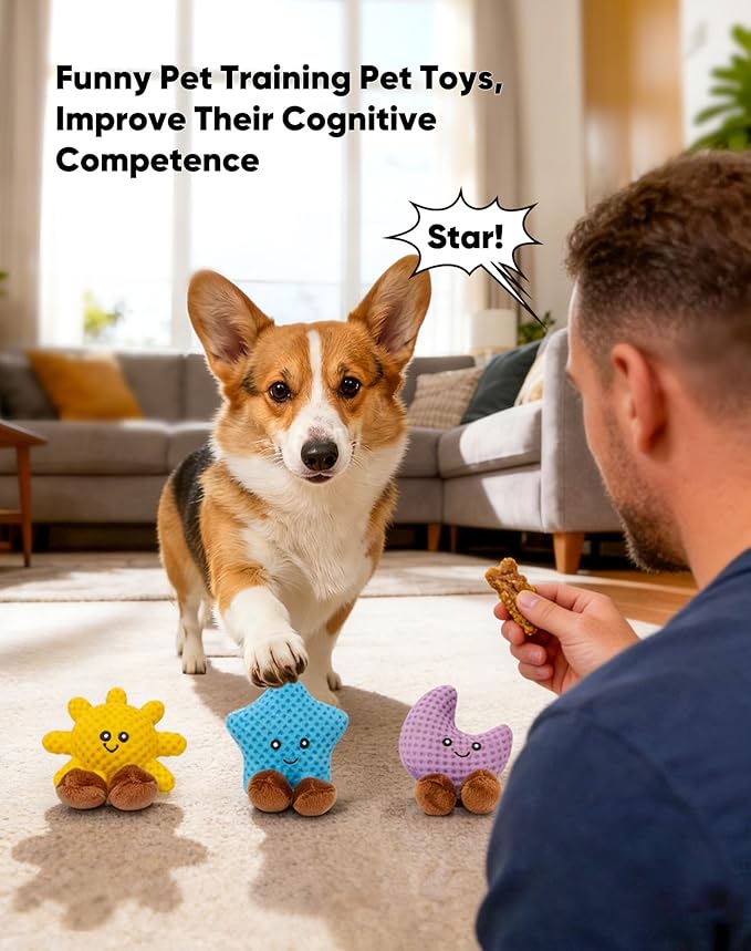 Deeow 3-in-1 Dog Toys Set: Star, Moon & Sun Plush Squeaky Pet Toys, Super Soft for Calming Play Enrichment, Best for Puppies, Small Medium Dogs with Anxiety, Dog & Cat Interactive Pet Gift