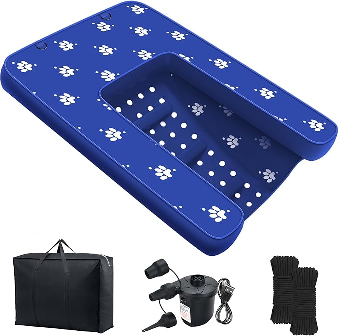 Inflatable Dock Platform with Electric Pump, Dog Boat Ramp Floating Non-Slip Oxford and PVC with Water Ramp for Dogs Pool, Dock, Lake with Traction Rope Dark Blue (4.7ft x 3ft x 6in)