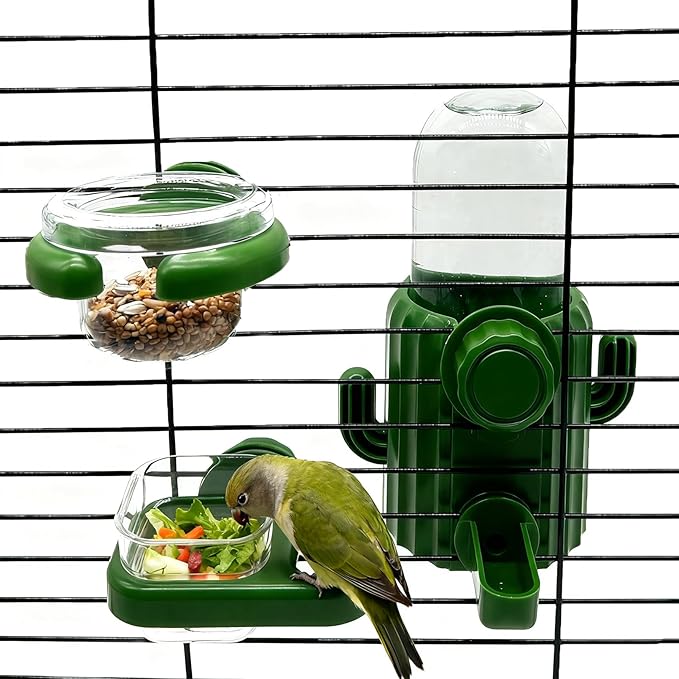 Bird Water Dispenser Automatic Bird Feeder for Cage Set, No Mess Parakeet Feeder for Parrots, Cockatiels, Finches, Budgies (3PCS, Green)
