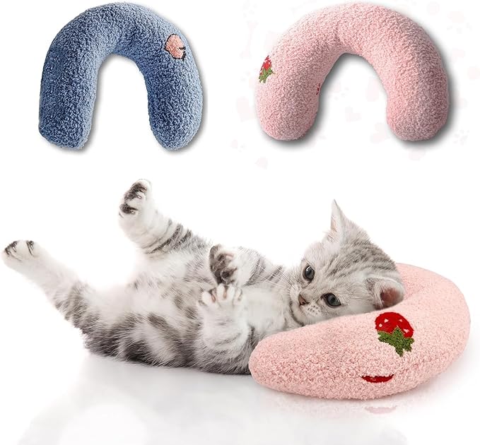 U-Shaped Calming Pillow for Cats and Dogs - Super Soft Plush Fabric, Cozy Headrest, Neck Support for Deep Sleep, Kitten Headrest, Pet Bed (Blue + Pink)