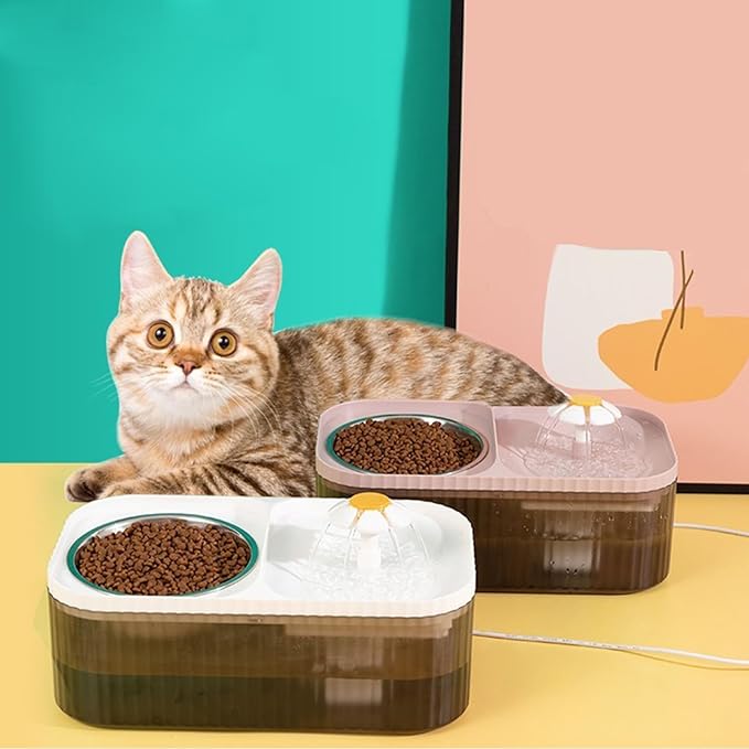 2 in 1 Cat Water Fountain and Food Bowl,Cat Fountain Water Bowl,Pet Water Bowl Fountain,Automatic Pet Water Dispenser,Cat Food and Water Bowl Set,Cat Feeding and Watering Supplies(White)
