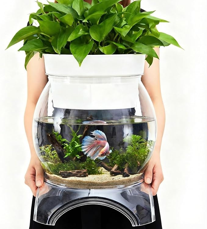 Geelin 5 Gallon Plastic Aquaponic Betta Fish Tank Aquaponic with Base and Top, Large Bowl Shatterproof Ecosystem Aquarium with Clear Clarity for Terrarium, Flower Vase Betta Fish Centerpiece Gifts