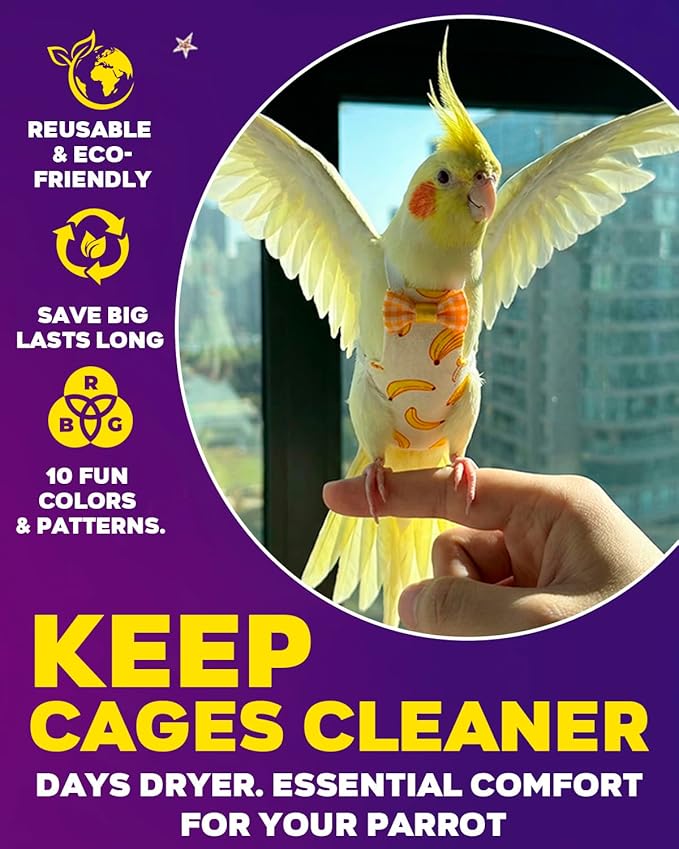 10Pcs Reusable Bird Diapers - Washable Parrot Nappy with Waterproof Lining & Adjustable Straps for Pigeons (Size L)